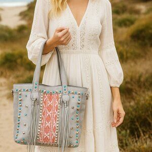 Free People Boho Leather & Suede Studded Tassel Tote – Turquoise & Rust Embroide